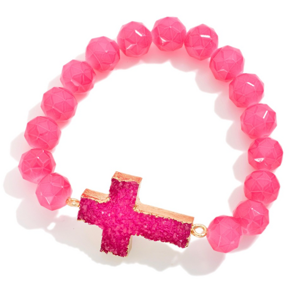 Crystal Cross Beaded Stretch Bracelet - Fuchsia