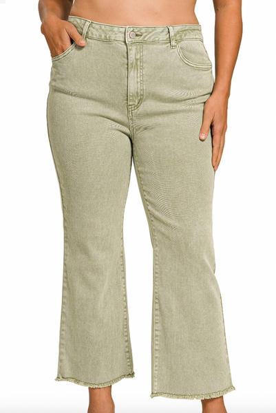 Acid Washed Bootcut Pants - Light Olive