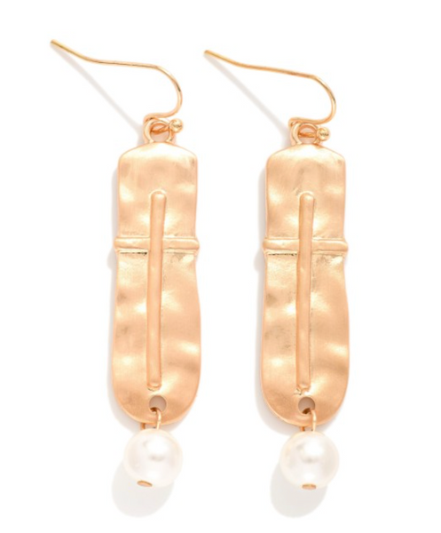 Pearl & Cross Drop Earrings - Gold