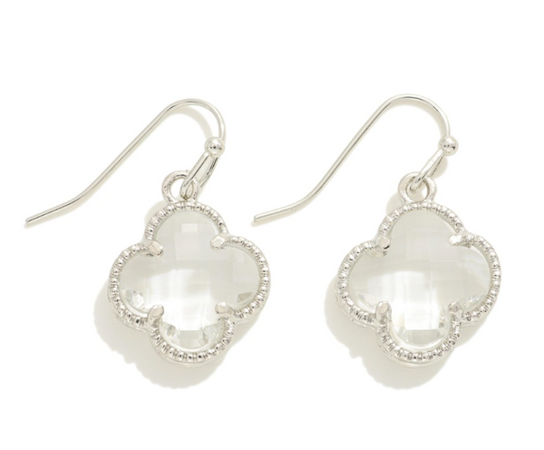 Glass Crystal Clover Drop Earrings - Silver