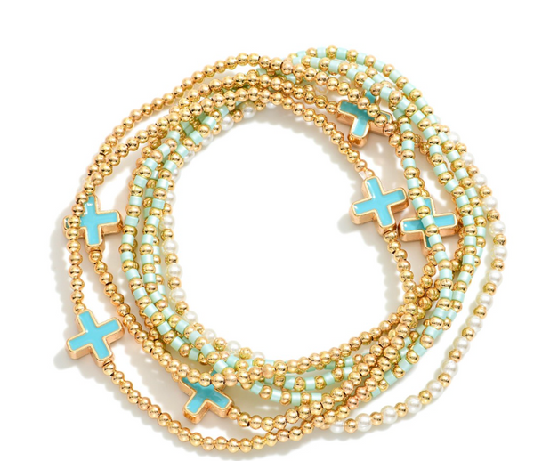 Set of Seven Beaded Stretch Bracelets - Blue