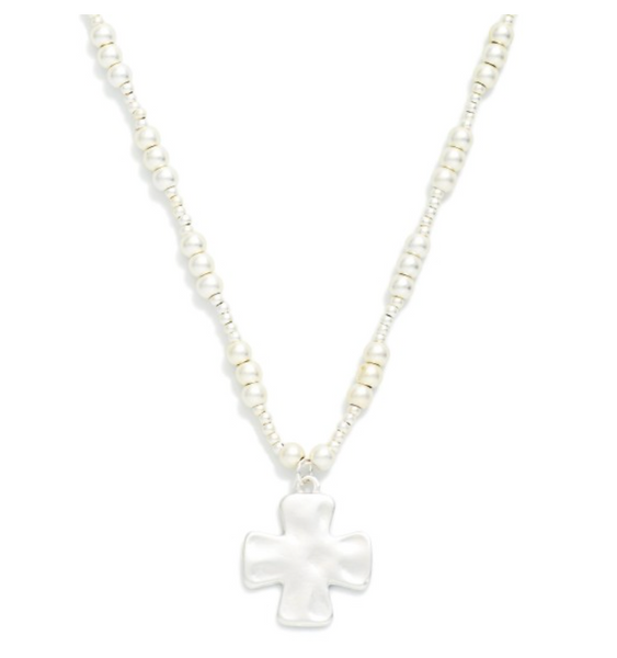Mixed Bead Cross Necklace - Silver