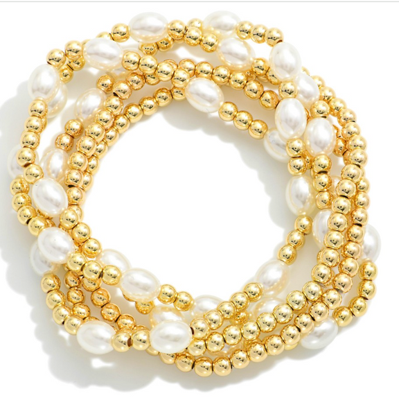 Set of Five Beaded Pearl Bracelets - Gold