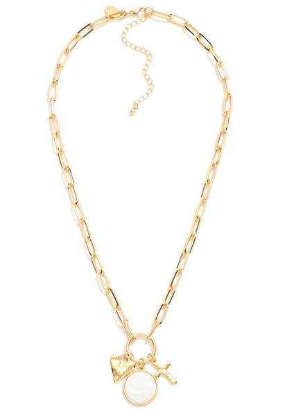 Paperclip Necklace with Heart, Cross, & Pearl