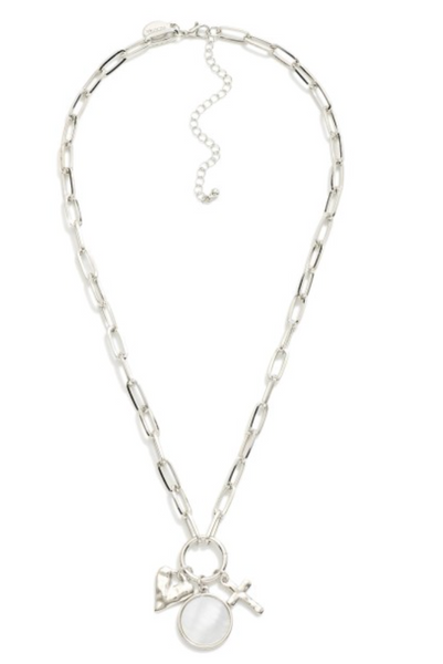Paperclip Necklace with Heart, Cross, & Pearl