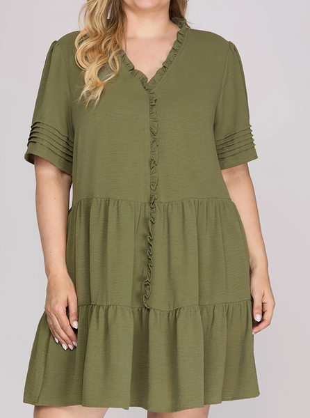 Pretty Pleats Mini Dress - Olive