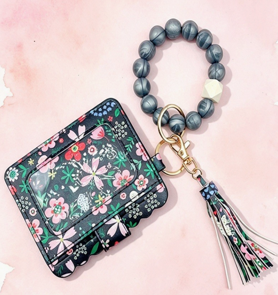 On The Go Beaded Wristlet - Black Floral