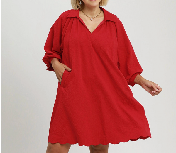 Scalloped Detail Dress - Red